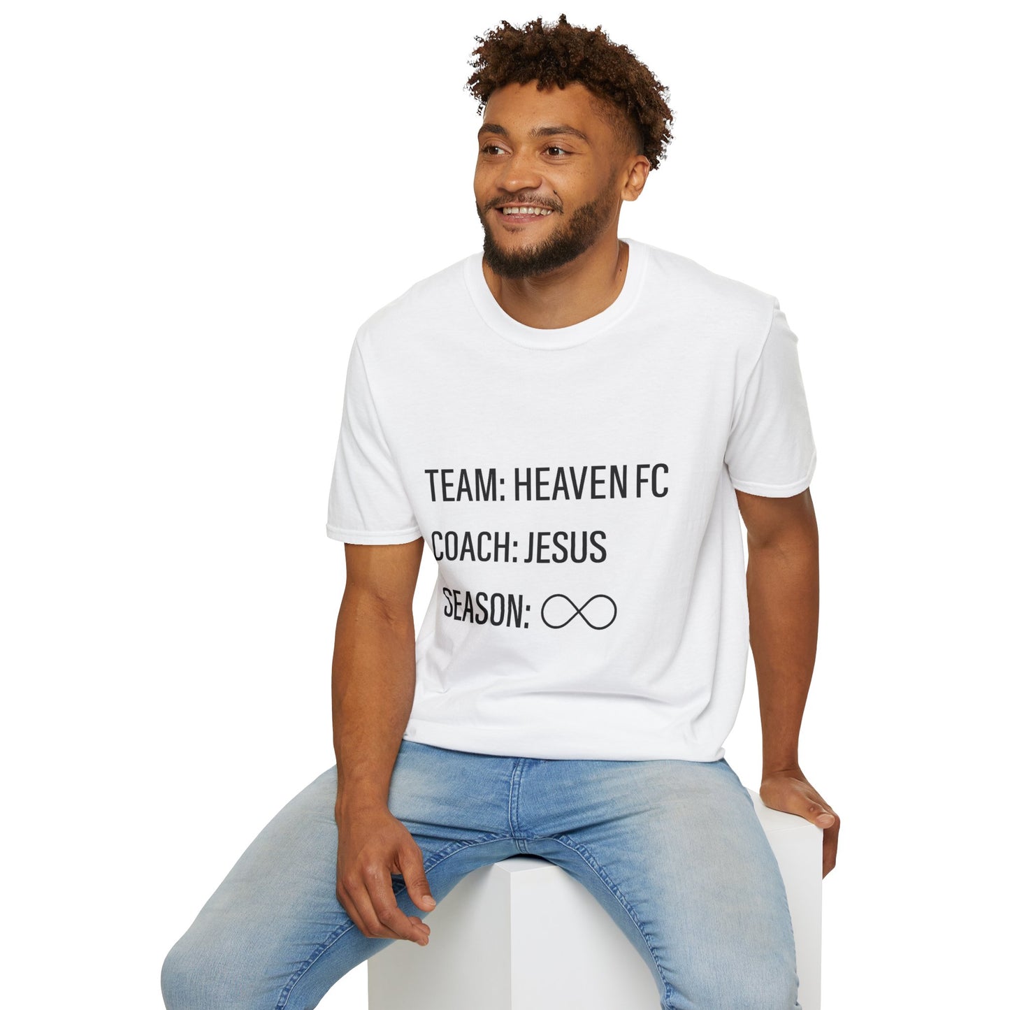 Heaven FC "Coach Jesus" T-Shirt — Christian Apparel, Unisex Softstyle Tee, Faith & Sports Inspired